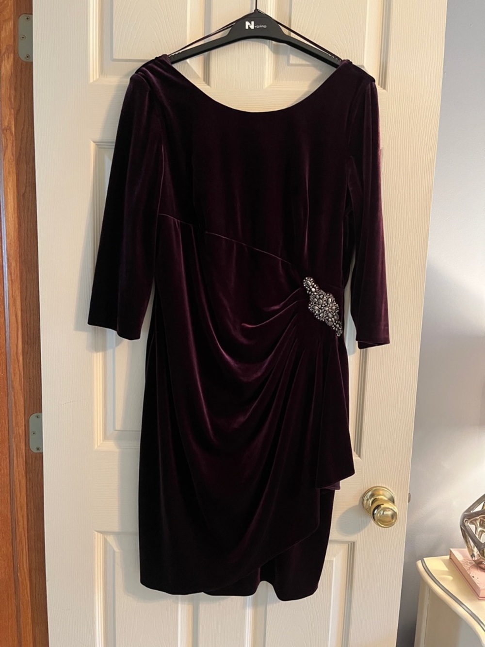 Alex Evenings Plum Velvet Draped Cocktail Dress with Jeweled Accent